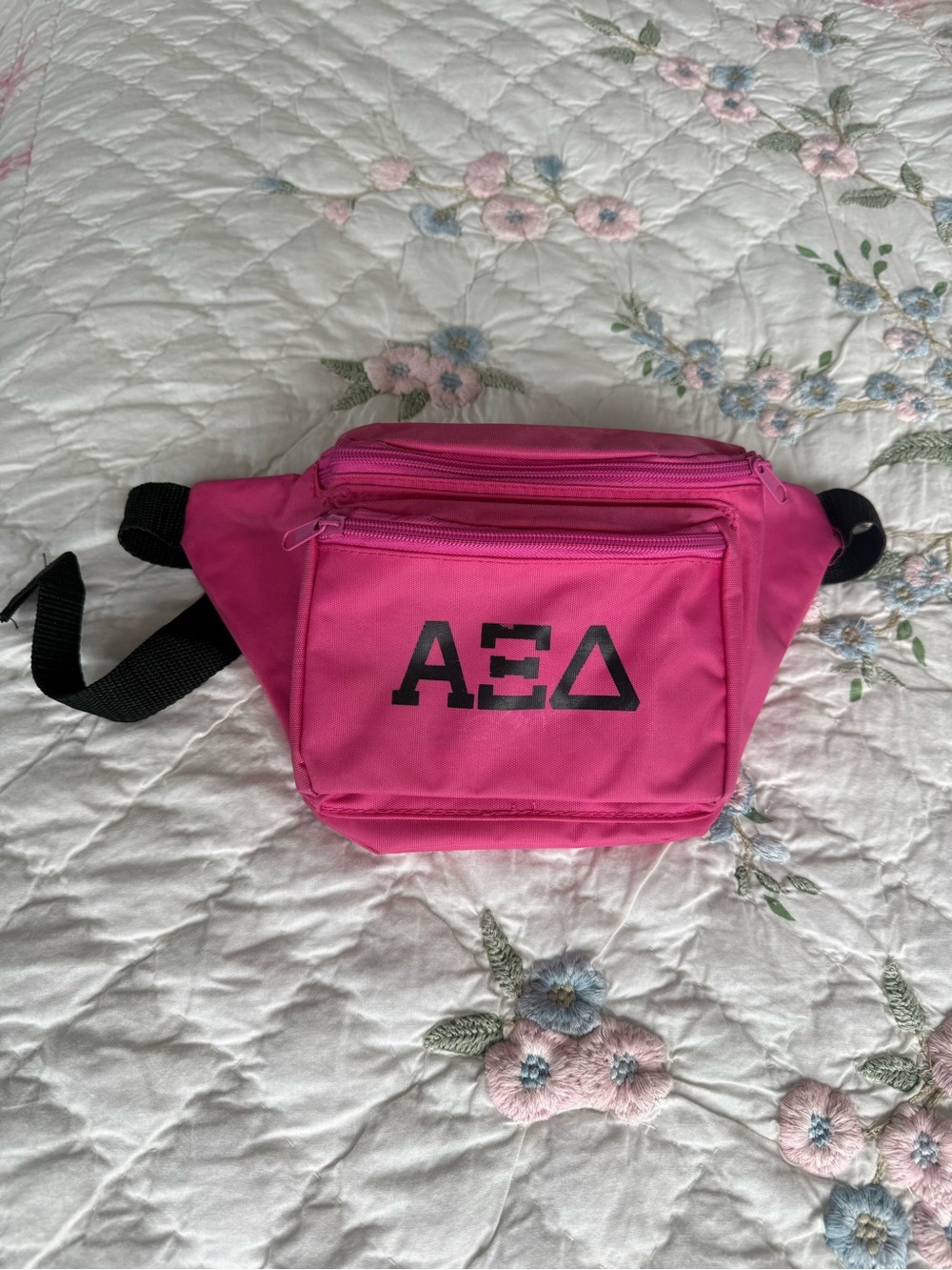 Alpha Xi Delta Hot Pink Crossbody Fanny Pack with Black Strap